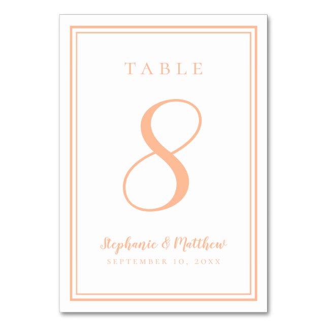 Modern Peach Simple Wedding Reception Minimalist Table Number (Front)