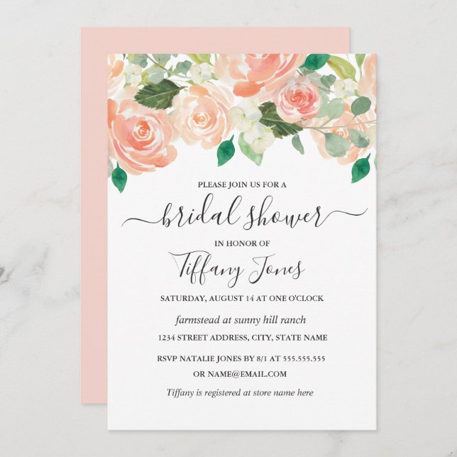 Modern Peach Watercolor Floral Bridal Shower Invitation (Front/Back)