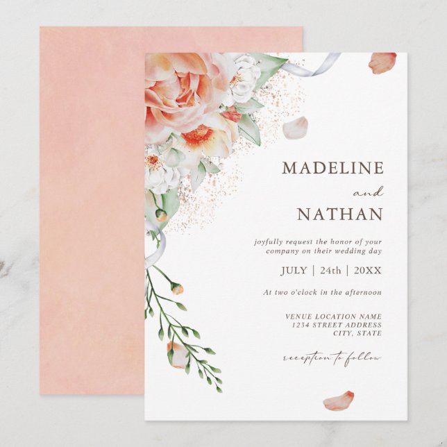 Modern Peach Watercolor Floral Wedding Invitation (Front/Back)