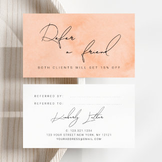 Modern peach watercolor makeup & hair referral card