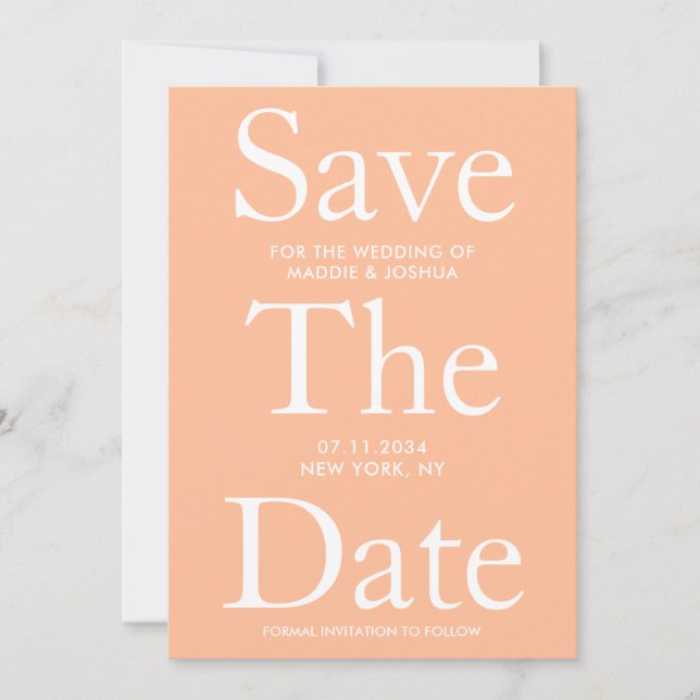 Modern Peach Wedding Flat Save The Date Card (Front)