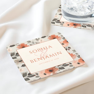 Modern Peach Wedding Square Paper Coaster
