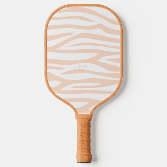 Modern Peachy Orange Zebra Print Personalised Pickleball Paddle (Front)