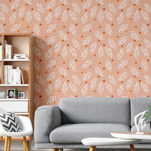 Modern Peachy Pink Floral Leaves Pattern Wallpaper