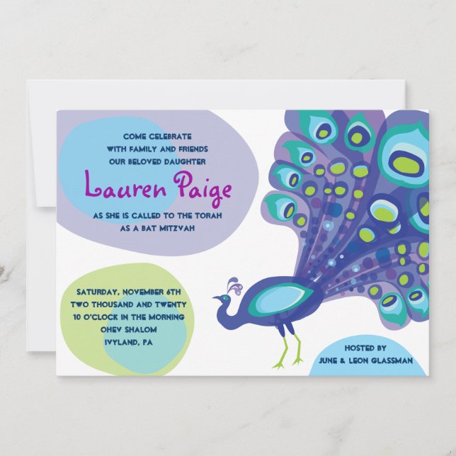 Modern Peacock Bar Bat Mitzvah Invitation (Front)