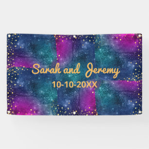 Modern Peacock Blue Gold Watercolor Wedding Banner