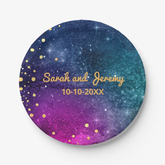 Modern Peacock Blue Gold Watercolor Wedding Paper Plate (Front)