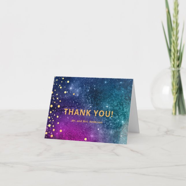 Modern Peacock Blue Gold Watercolor Wedding Thank You Card (Front)