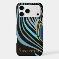Modern Peacock Feather Black Turquoise  Your Name