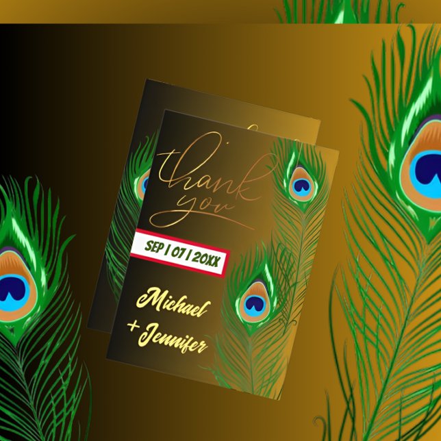 Modern Peacock Feather Golden Black Custom Wedding Thank You Card (Creator Uploaded)