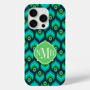 Modern Peacock Feather Pattern Monogram Case-Mate iPhone 15 Pro Case