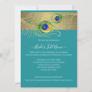 Modern Peacock Feathers Faux Jewel Bridal Shower Invitation