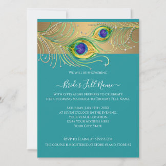 Modern Peacock Feathers Faux Jewel Bridal Shower Invitation