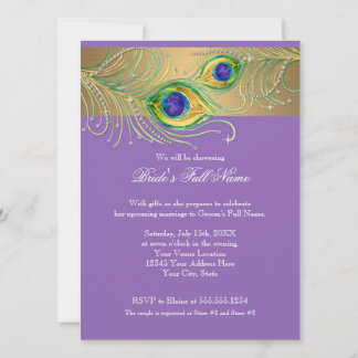 Modern Peacock Feathers Faux Jewel Scroll Swirl Invitation