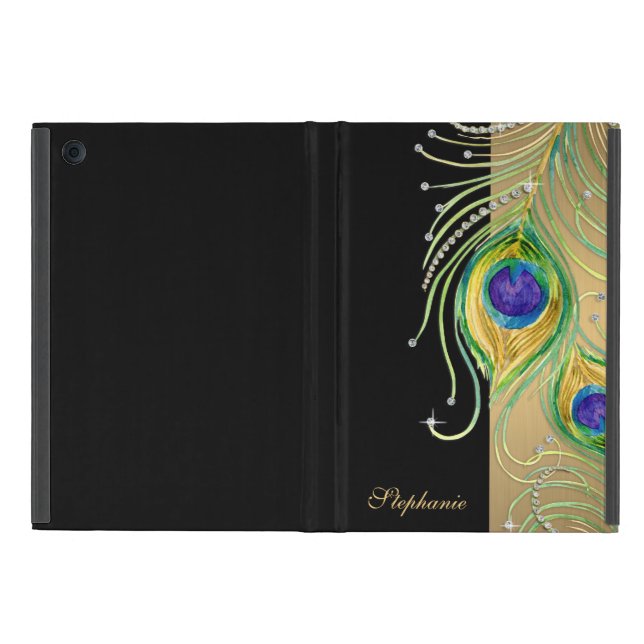 Modern Peacock Feathers Faux Jewel Scroll Swirl iPad Mini Cover (Outside)