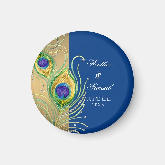 Modern Peacock Feathers Faux Jewel Scroll Swirl Magnet (Front)