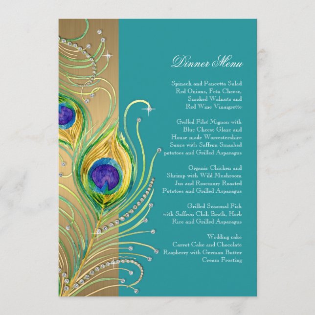 Modern Peacock Feathers Faux Jewel Scroll Swirl Menu (Front)