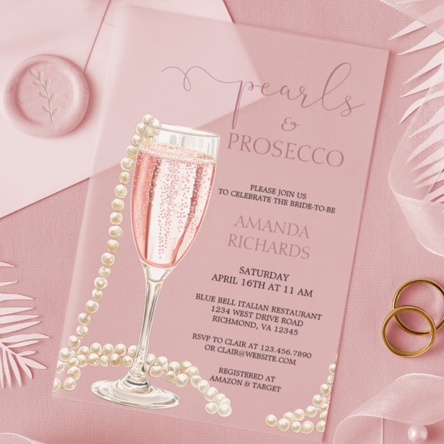 Modern Pearls & Prosecco Bridal Shower Acrylic Invitations (Creator Uploaded)