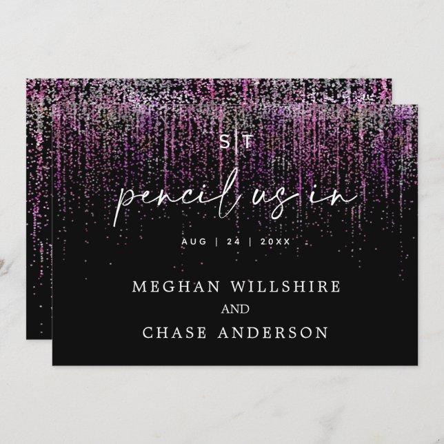 Modern Pencil Us In Edgy Magenta Glitter Invitation (Front/Back)
