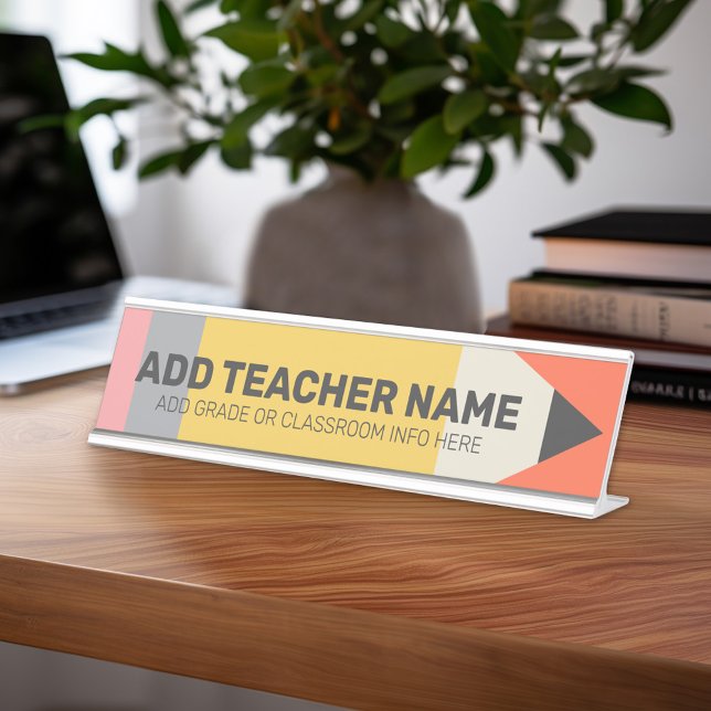 Modern Pencil with Teacher and Classroom Info Desk Name Plate (Teacher Desk Name Plate - Great Teacher Appreciation Gift or Classroom Decor)