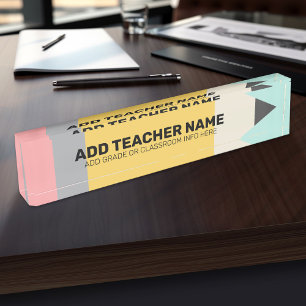 Modern Pencil with Teacher and Classroom Info Nameplate