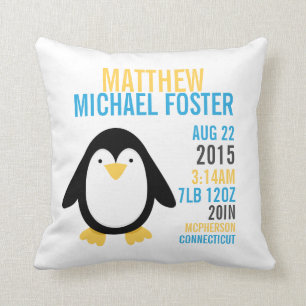 Modern Penguin Birth Announcement Nursery Pillow