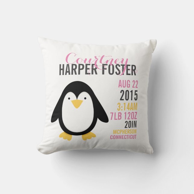 Modern Penguin Birth Announcement Nursery Pillow (Front)