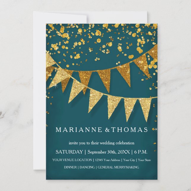 Modern Pennant Banner w Glitter Falling Confetti Invitation (Front)