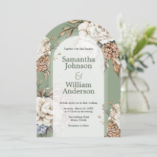 Modern Peony & Hydrangea Olive Green Wedding Invitation