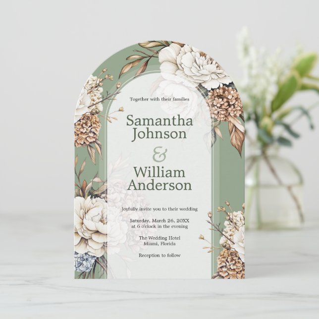 Modern Peony & Hydrangea Olive Green Wedding Invitation (Standing Front)