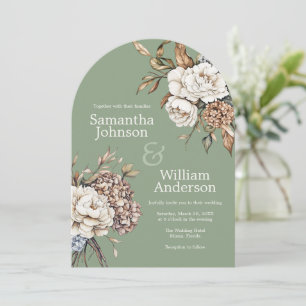 Modern Peony & Hydrangea Olive Green Wedding Invitation