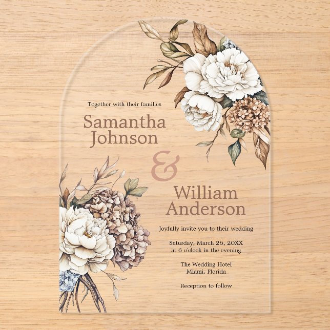 Modern Peony & Hydrangea Wedding Acrylic Invitations (Front)