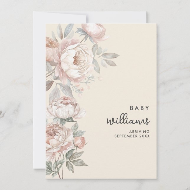 Modern Peony Rose Floral Pregnancy Announcement (Front)
