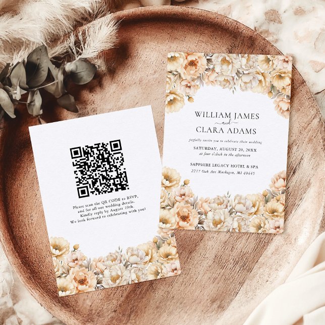 Modern Peony Watercolor Floral QR Code Wedding Invitation (Creator Uploaded)