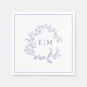 Modern Periwinkle Leafy Crest Monogram Wedding Napkin