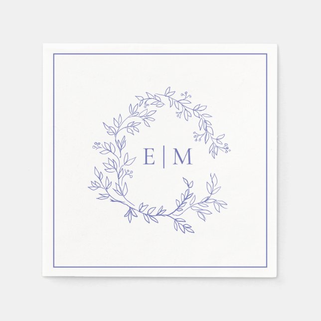 Modern Periwinkle Leafy Crest Monogram Wedding Napkin (Front)