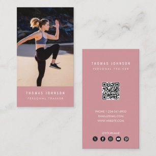 Modern Personal Trainer Fitness Photo QR Code Pink Business Card