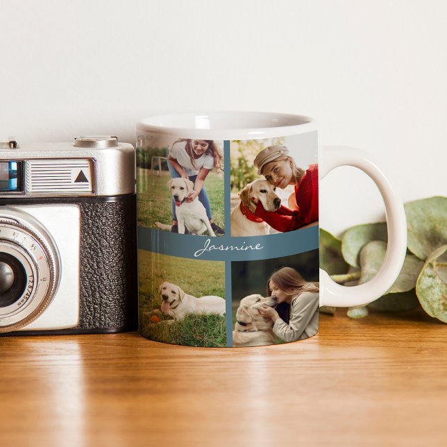 Modern Personalised 10 Photos Dog Teal Blue Coffee Mug (Celebrate your furbaby with this photo collage mug.)