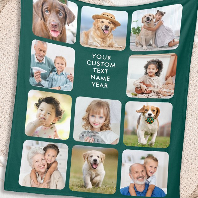 Modern Personalised 11 Photo Collage Emerald Green Fleece Blanket (Creator Uploaded)