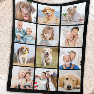 Modern Personalised 12 Photo Collage Black  Fleece Blanket