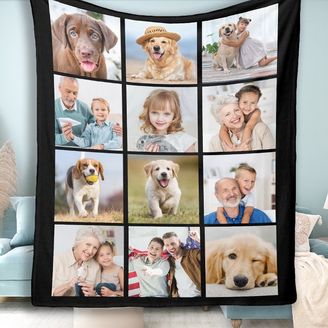 Modern Personalised 12 Photo Collage Black Medium Fleece Blanket (Creator Uploaded)