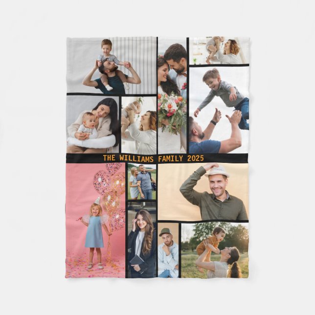Modern Personalised 16 Photo Collage Custom Colour Fleece Blanket (Front)