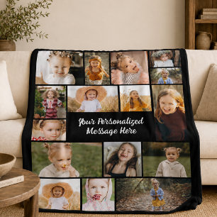 Modern Personalised 16 Photo Collage Custom Colour Fleece Blanket