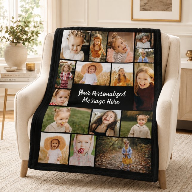 Modern Personalised 16 Photo Collage Custom Colour Fleece Blanket (Creator Uploaded)