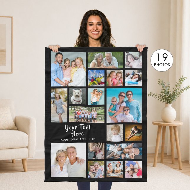 Modern Personalised 19 Photo Collage Black Fleece Blanket (Creator Uploaded)