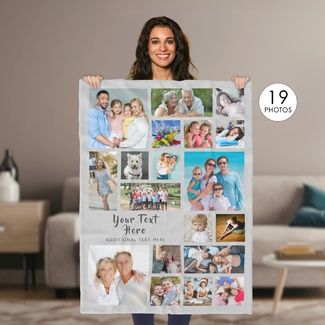 Modern Personalised 19 Photo Collage Grey Fleece Blanket (Creator Uploaded)