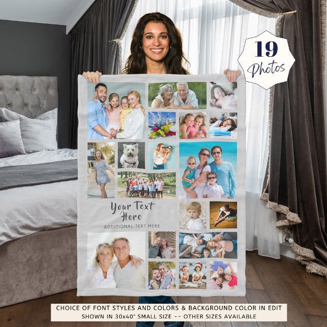 Modern Personalised 19 Photo Collage Grey Fleece Blanket (Creator Uploaded)