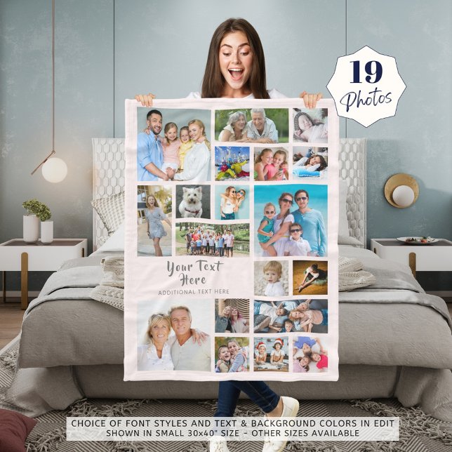 Modern Personalised 19 Photo Collage Pink Grey Fleece Blanket (Creator Uploaded)