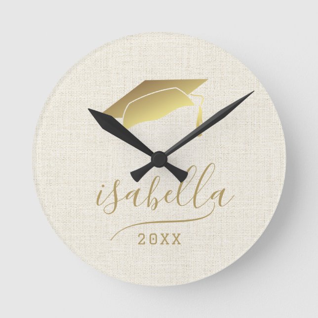 Modern Personalised 2024 Gold Grad Cap Keepsake Round Clock (Front)