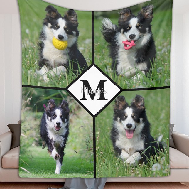 Modern Personalised 4 Photo Collage Pet Dog Fleece Blanket (Creator Uploaded)